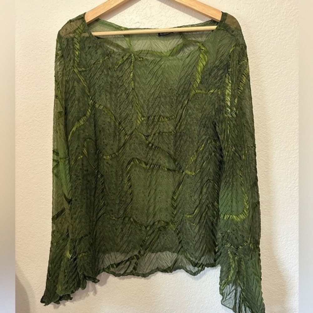 Komarov Olive Green Sheer Crinkle Blouse